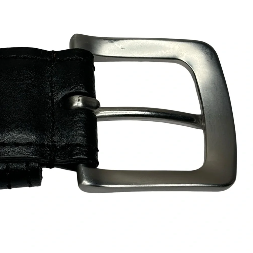 Men’s Black Leather Belt Polished Nickel (Silver/Gray Color) Size 42 / 40” Waist